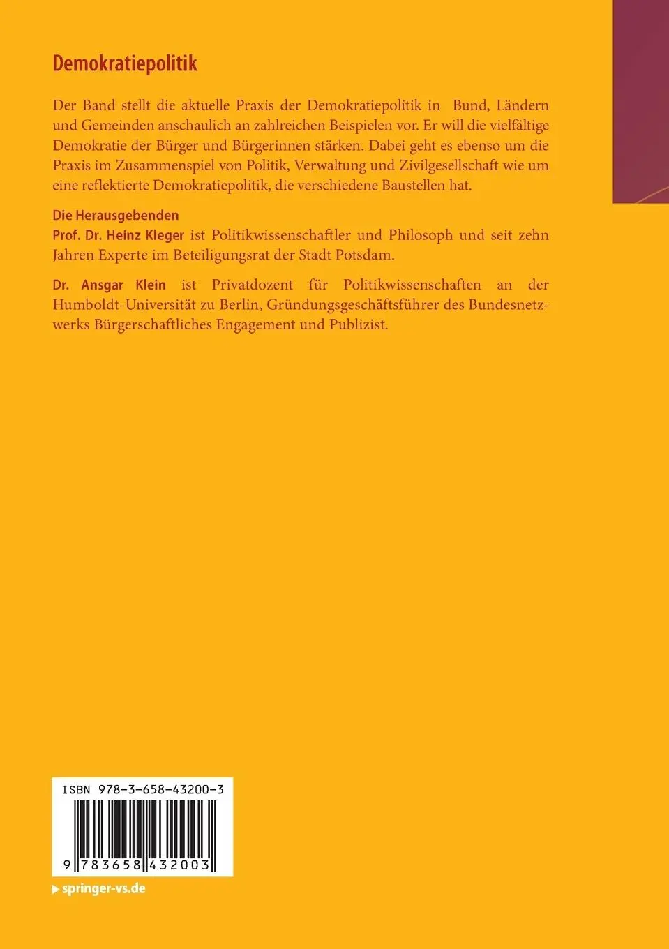 Rückseite: 9783658432003 | Demokratiepolitik | Ansgar Klein (u. a.) | Taschenbuch | vii | Deutsch