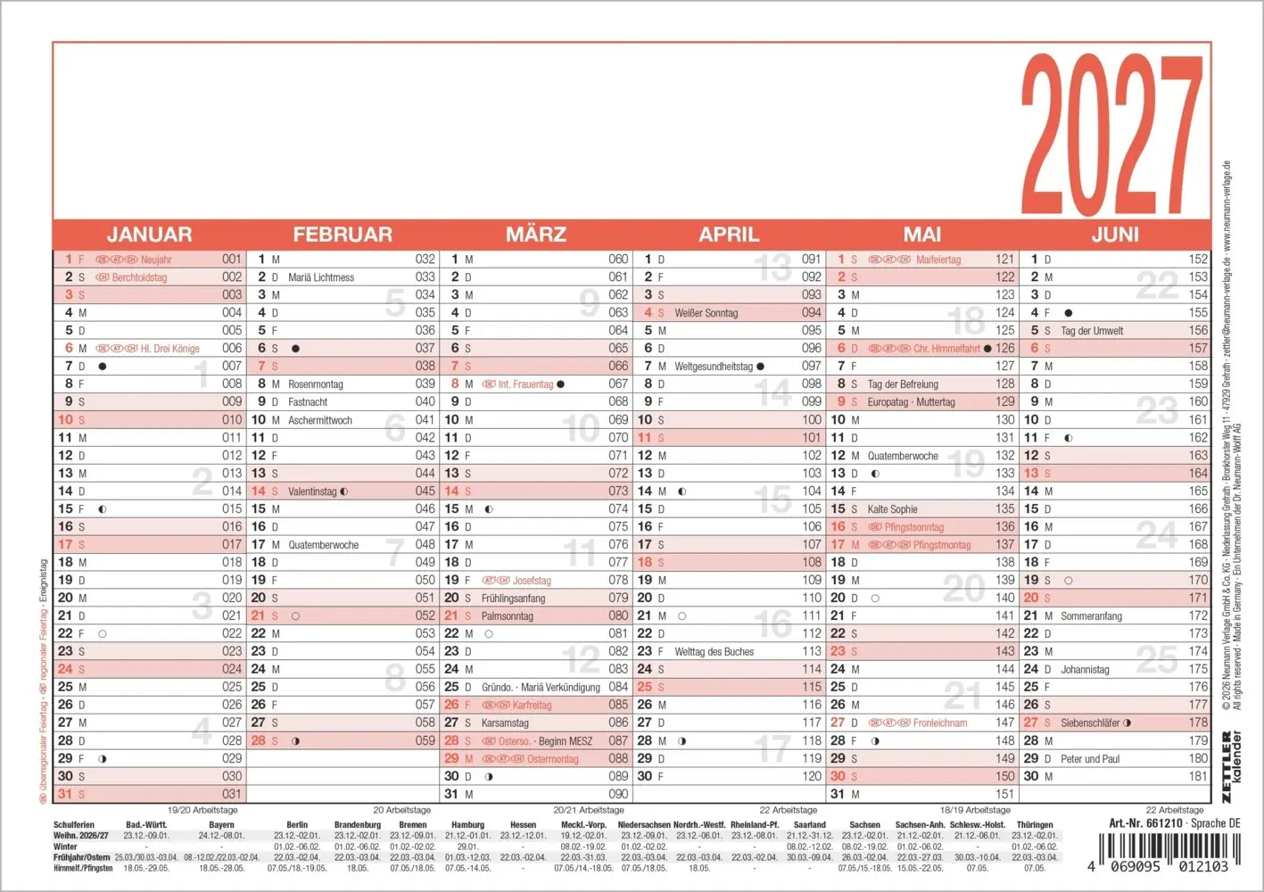 Cover: 4069095012103 | Arbeitstagekalender A5 2027 | Kalender | 1 S. | Deutsch | 2027