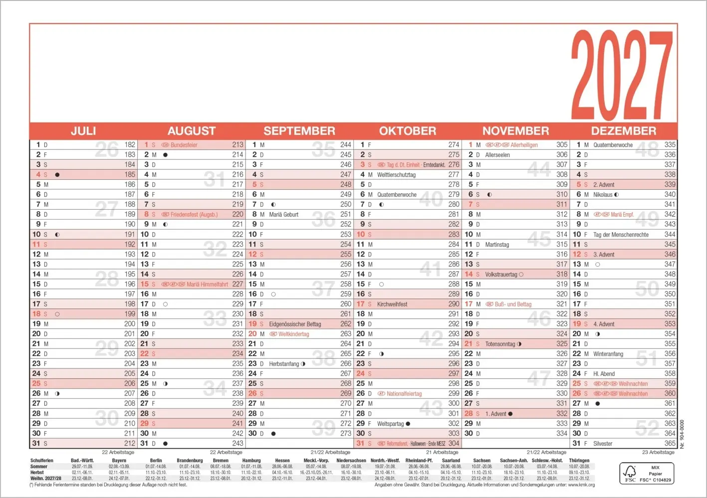 Bild: 4069095012103 | Arbeitstagekalender A5 2027 | Kalender | 1 S. | Deutsch | 2027