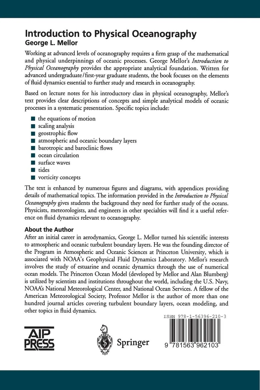 Rückseite: 9781563962103 | Introduction to Physical Oceanography | George L. Mellor | Taschenbuch