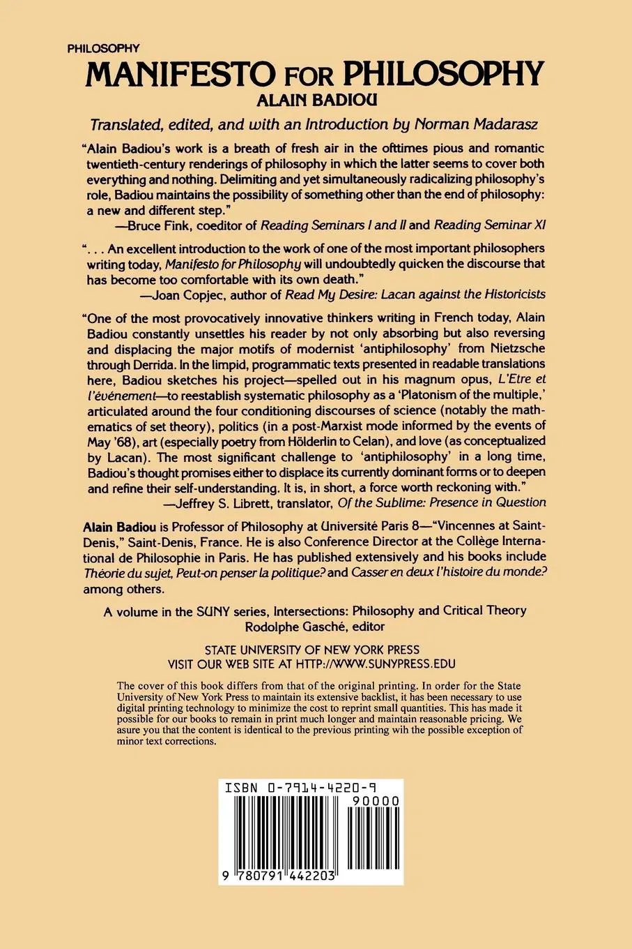 Rückseite: 9780791442203 | Manifesto for Philosophy | Alain Badiou | Taschenbuch | Englisch
