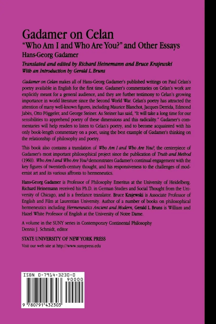 Rückseite: 9780791432303 | Gadamer on Celan | "Who Am I and Who Are You?" and Other Essays | Buch