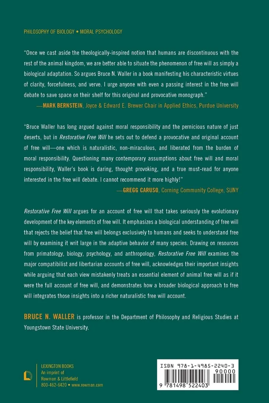 Rückseite: 9781498522403 | Restorative Free Will | Back to the Biological Base | Bruce N. Waller