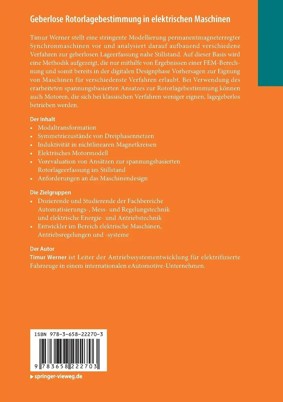 Rückseite: 9783658222703 | Geberlose Rotorlagebestimmung in elektrischen Maschinen | Timur Werner