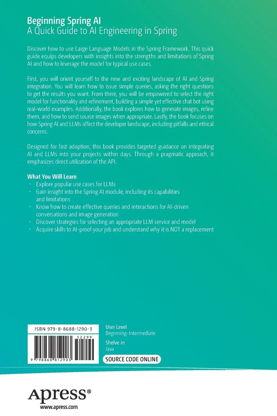 Rückseite: 9798868812903 | Beginning Spring AI | A Quick Guide to AI Engineering in Spring | Buch