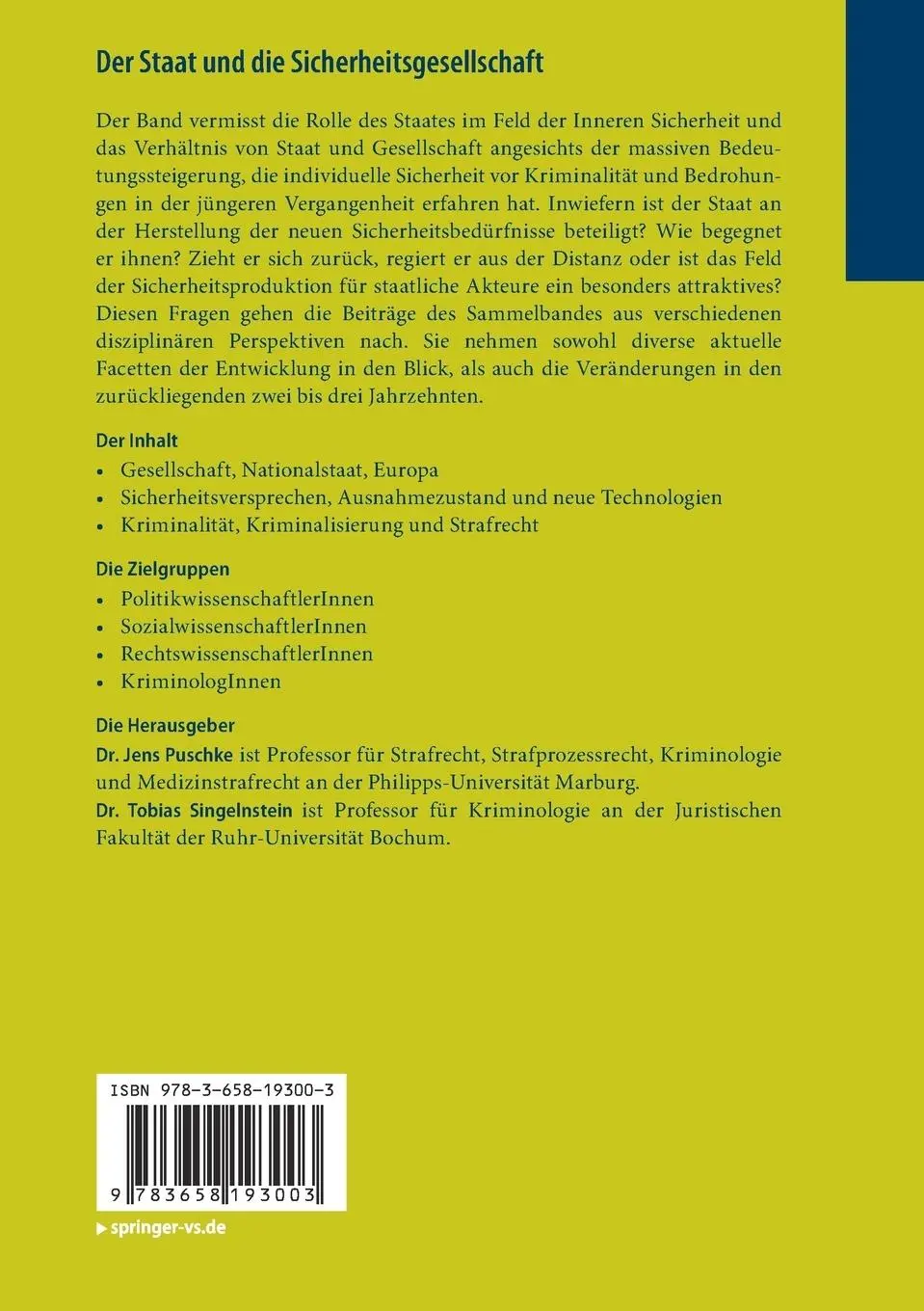 Rückseite: 9783658193003 | Der Staat und die Sicherheitsgesellschaft | Jens Puschke (u. a.) | xii