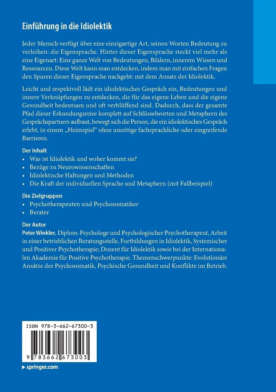 Rückseite: 9783662673003 | Einführung in die Idiolektik | Peter Winkler | Taschenbuch | xi | 2023
