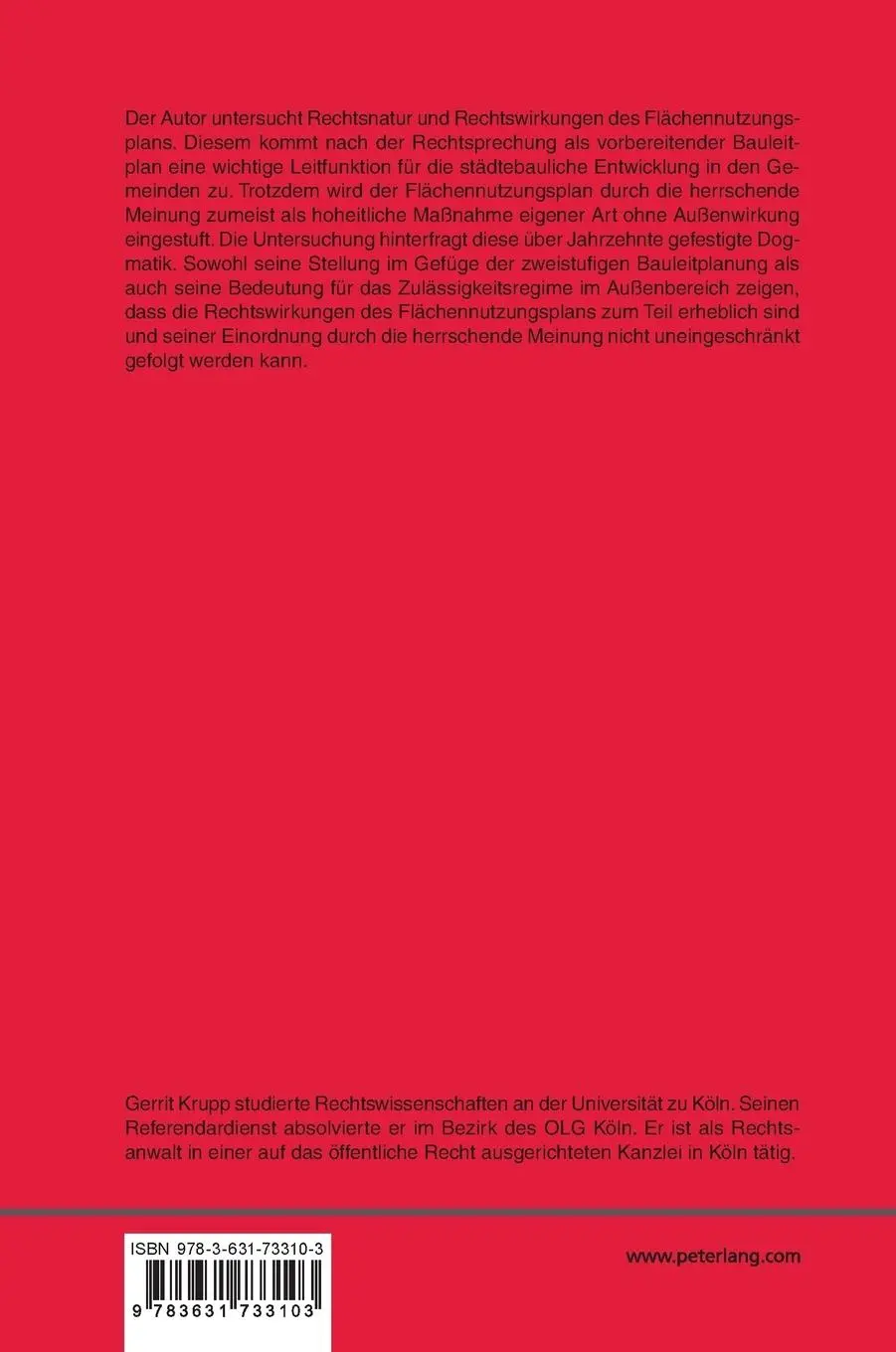 Rückseite: 9783631733103 | Rechtsnatur und Rechtswirkungen des Flächennutzungsplans | Krupp