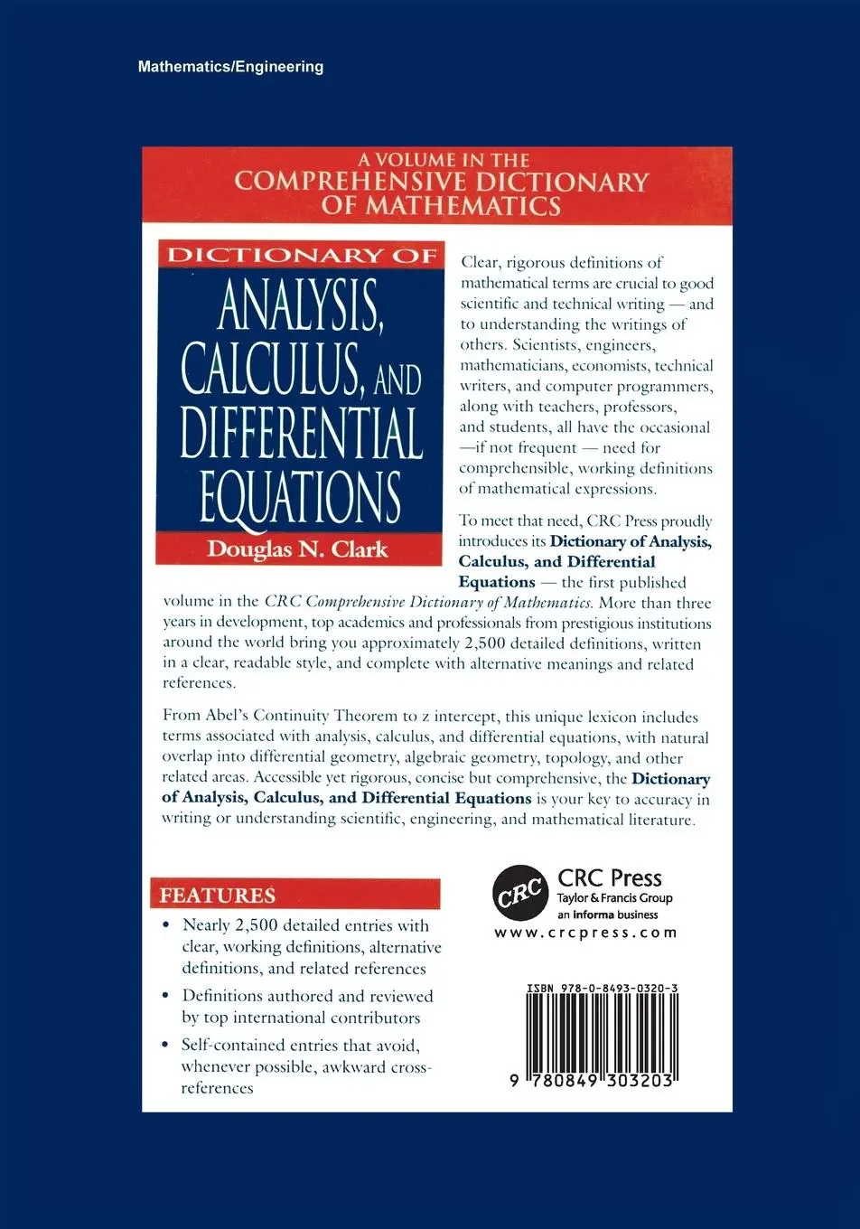 Rückseite: 9780849303203 | Dictionary of Analysis, Calculus, and Differential Equations | Clark