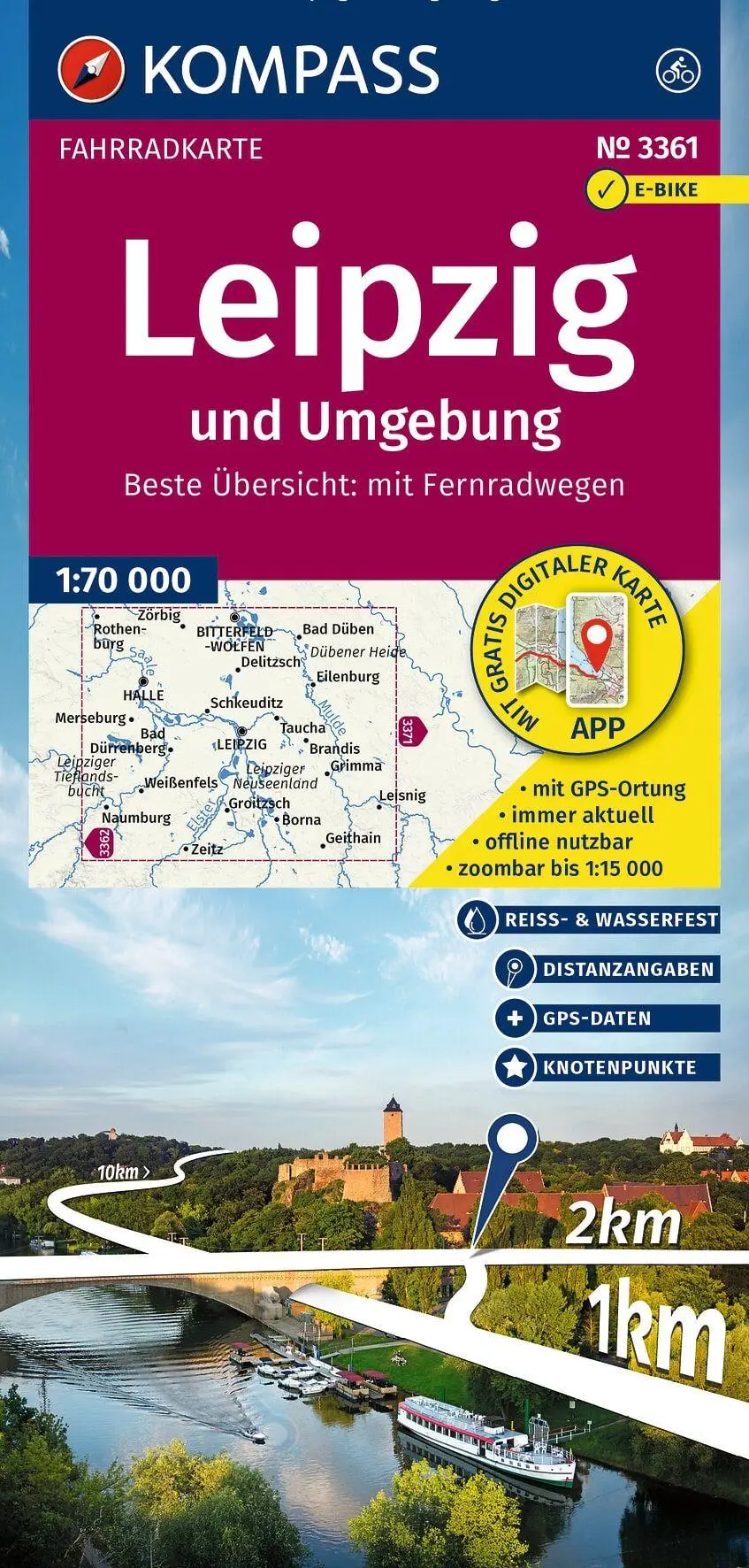 Cover: 9783991543503 | KOMPASS Fahrradkarte 3361 Leipzig und Umgebung mit Knotenpunkten...