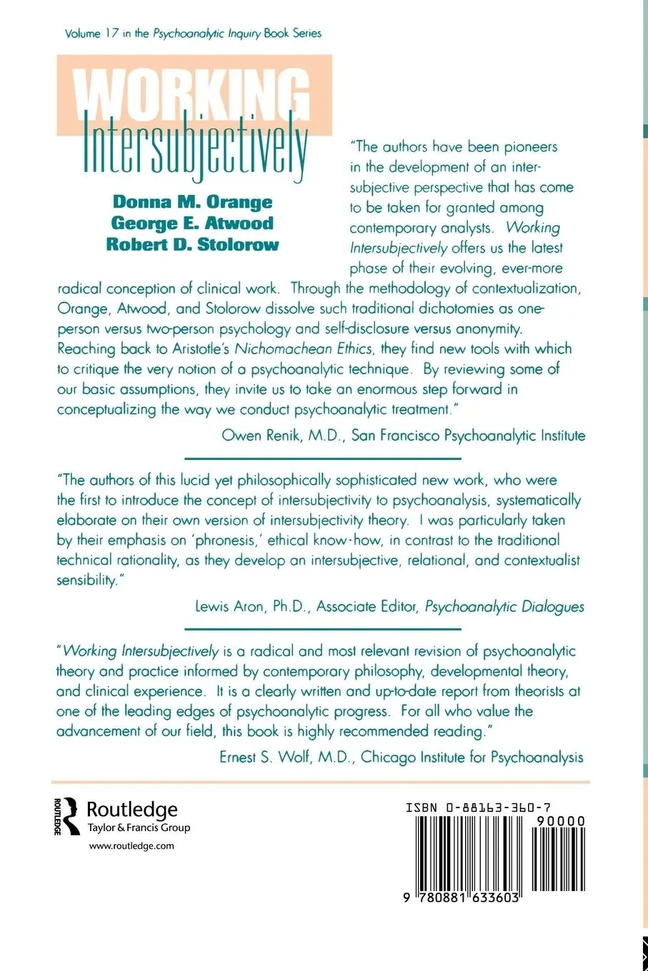 Rückseite: 9780881633603 | Working Intersubjectively | Contextualism in Psychoanalytic Practice