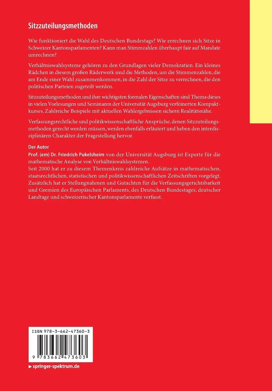 Rückseite: 9783662473603 | Sitzzuteilungsmethoden | Friedrich Pukelsheim | Taschenbuch | xiii