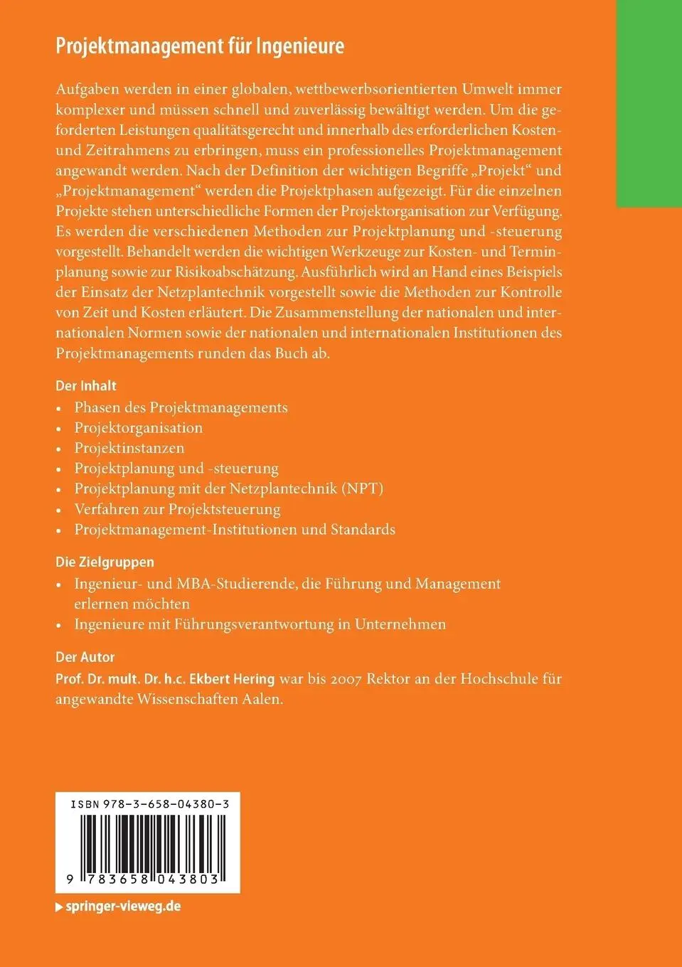 Rückseite: 9783658043803 | Projektmanagement für Ingenieure | Ekbert Hering | Taschenbuch | viii