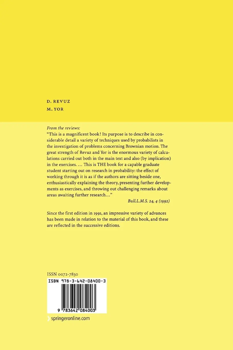Rückseite: 9783642084003 | Continuous Martingales and Brownian Motion | Marc Yor (u. a.) | Buch