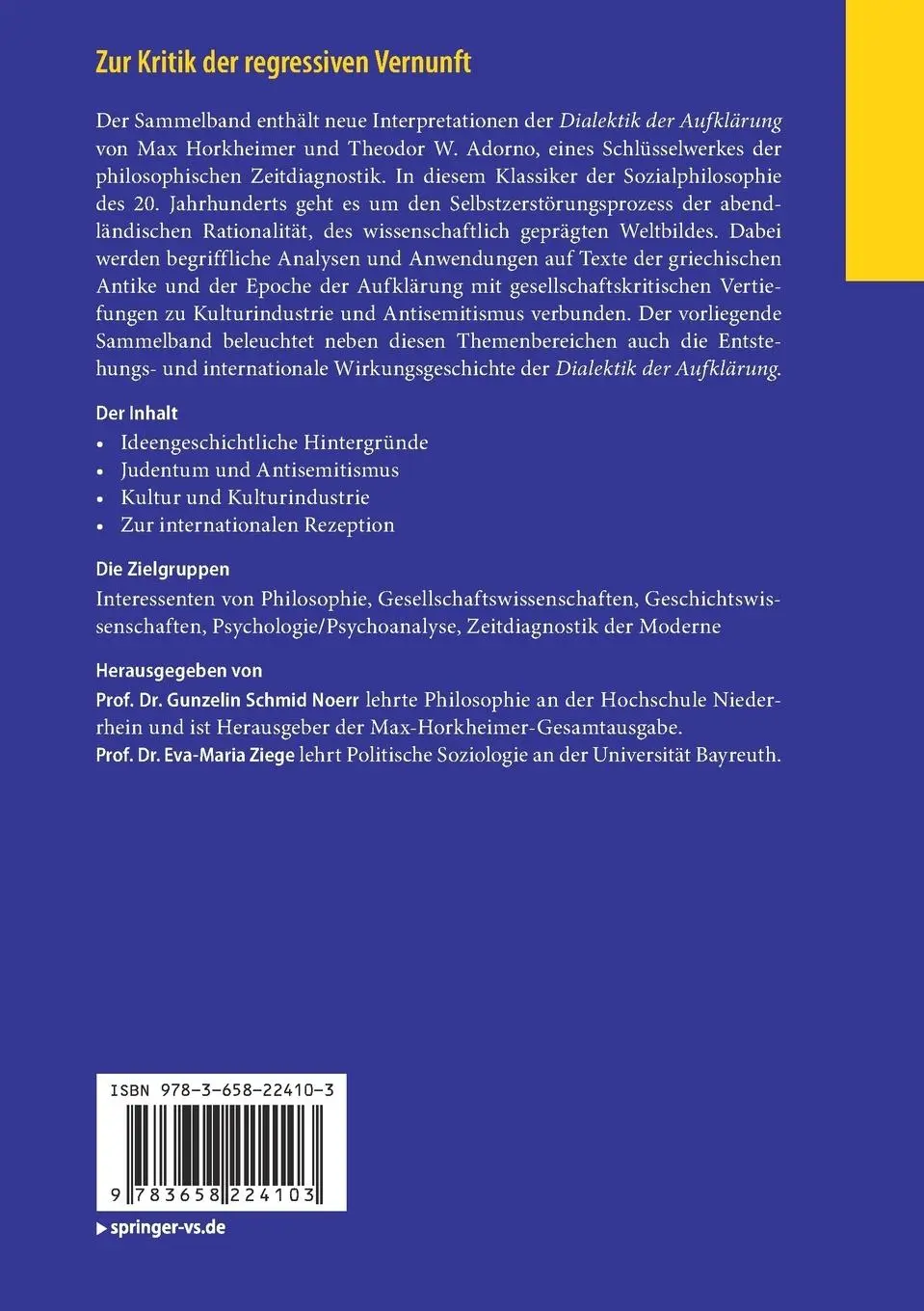 Rückseite: 9783658224103 | Zur Kritik der regressiven Vernunft | Eva-Maria Ziege (u. a.) | Buch