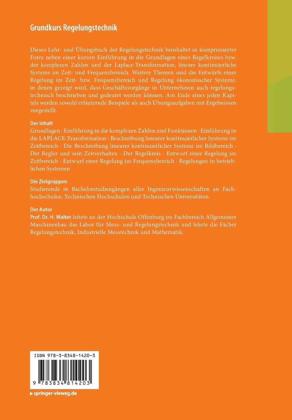 Rückseite: 9783834814203 | Grundkurs Regelungstechnik | Hildebrand Walter | Taschenbuch | xvi