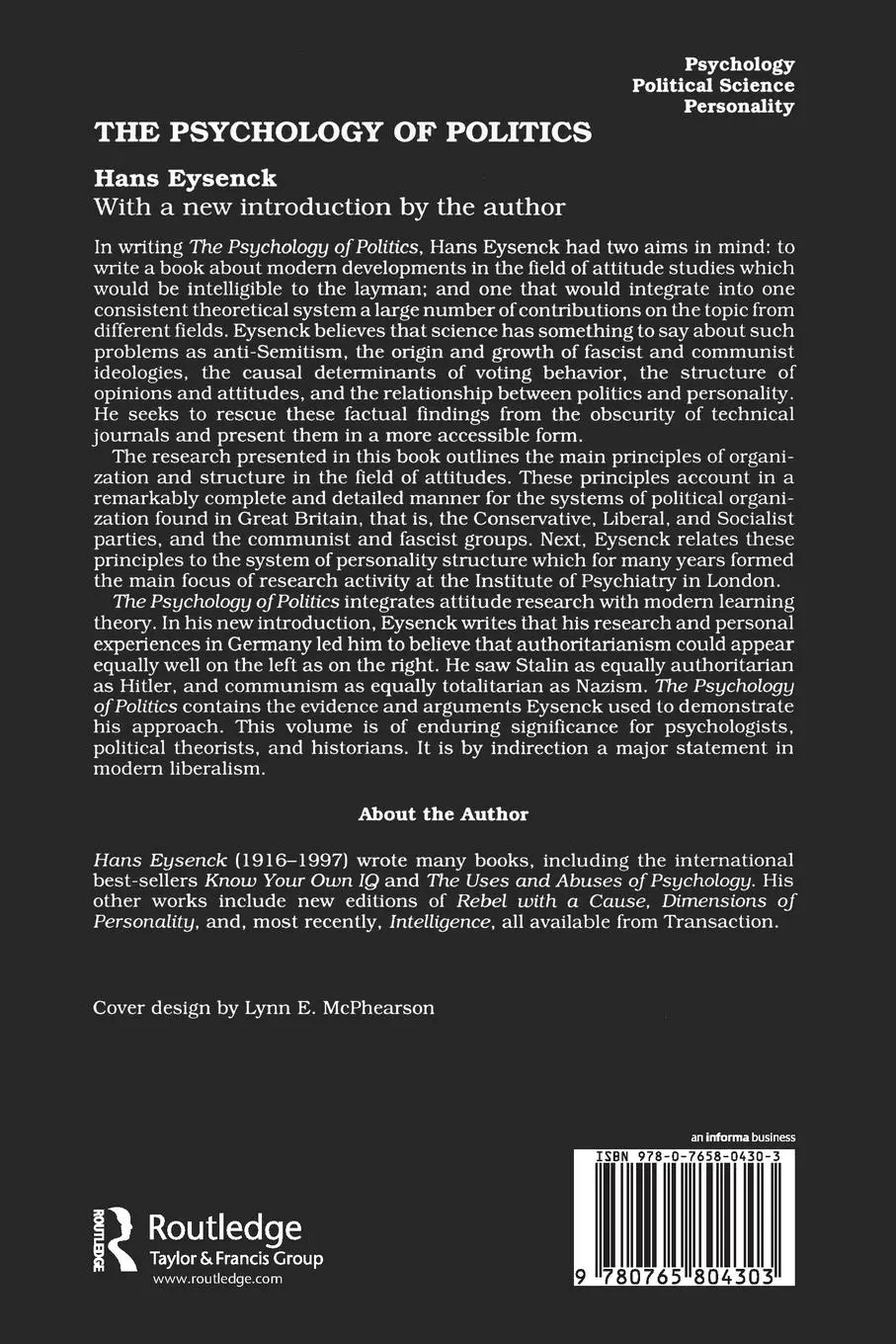 Rückseite: 9780765804303 | The Psychology of Politics | Hans Eysenck | Taschenbuch | Englisch