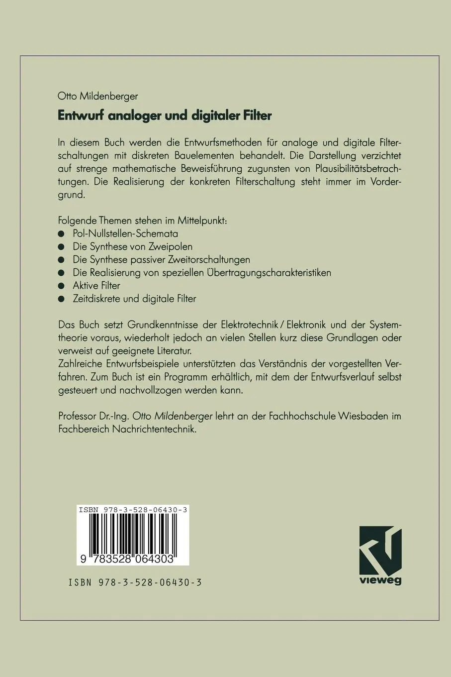 Rückseite: 9783528064303 | Entwurf analoger und digitaler Filter | Otto Mildenberger | Buch | xii