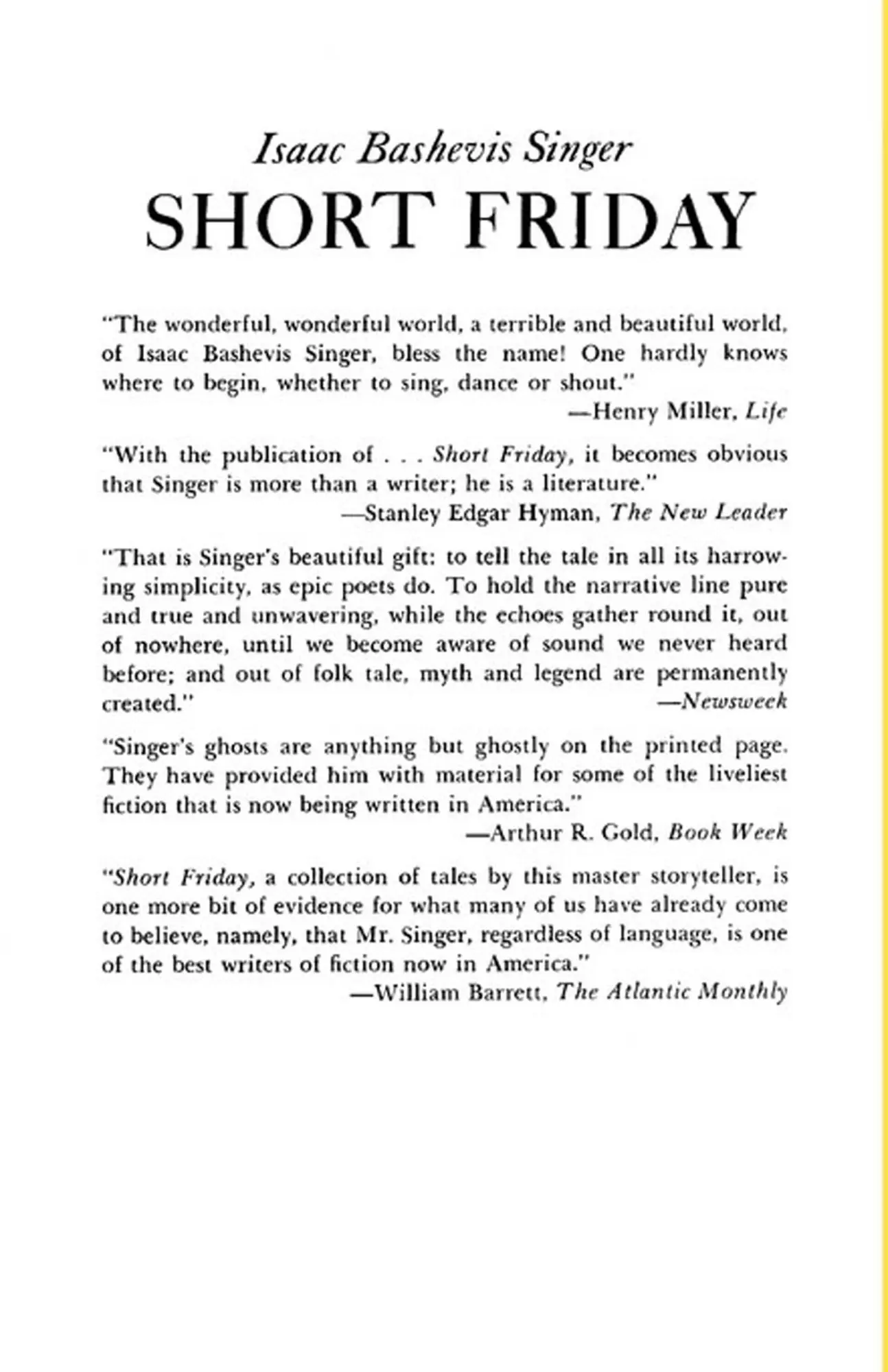 Rückseite: 9780374504403 | Short Friday | Isaac Bashevis Singer | Taschenbuch | Englisch | 2000