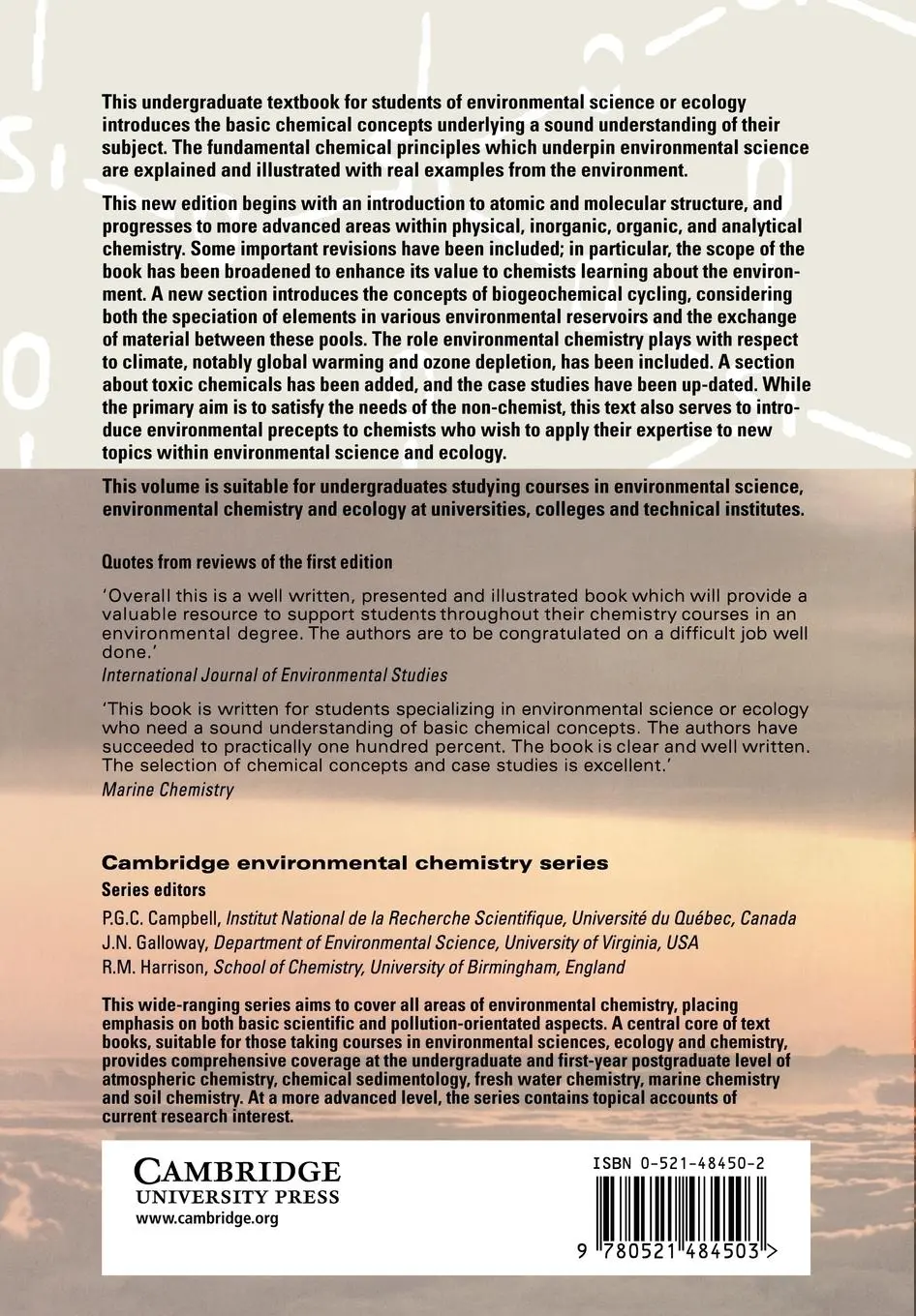 Rückseite: 9780521484503 | Introductory Chemistry for the Environmental Sciences | Taschenbuch