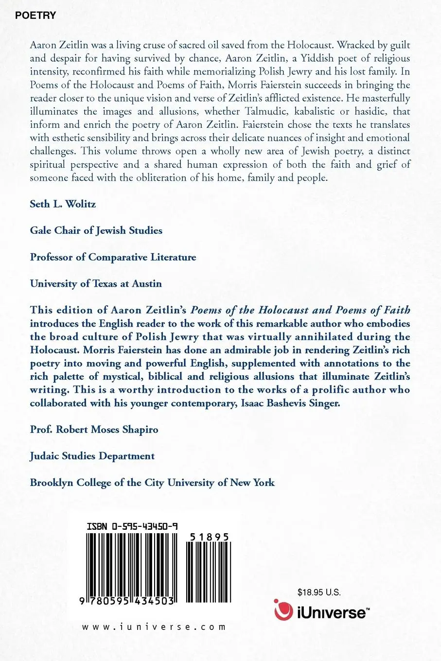 Rückseite: 9780595434503 | Poems of the Holocaust and Poems of Faith | Aaron Zeitlin | Buch