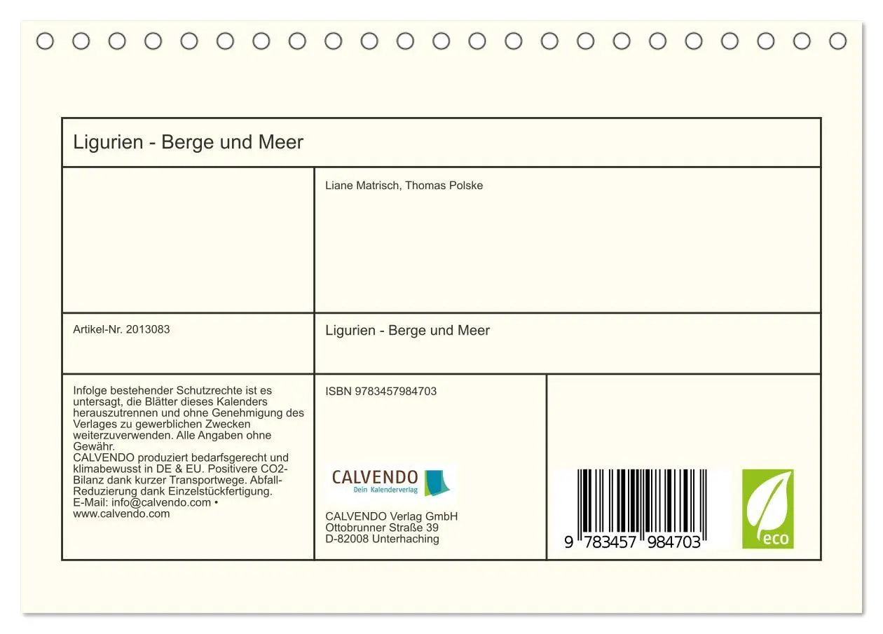 Bild: 9783457984703 | Ligurien - Berge und Meer (Tischkalender 2026 DIN A5 quer),...