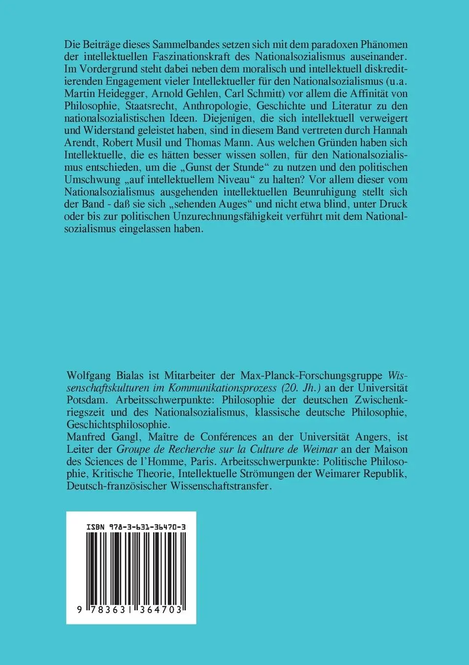 Rückseite: 9783631364703 | Intellektuelle im Nationalsozialismus | Manfred Gangl (u. a.) | Buch