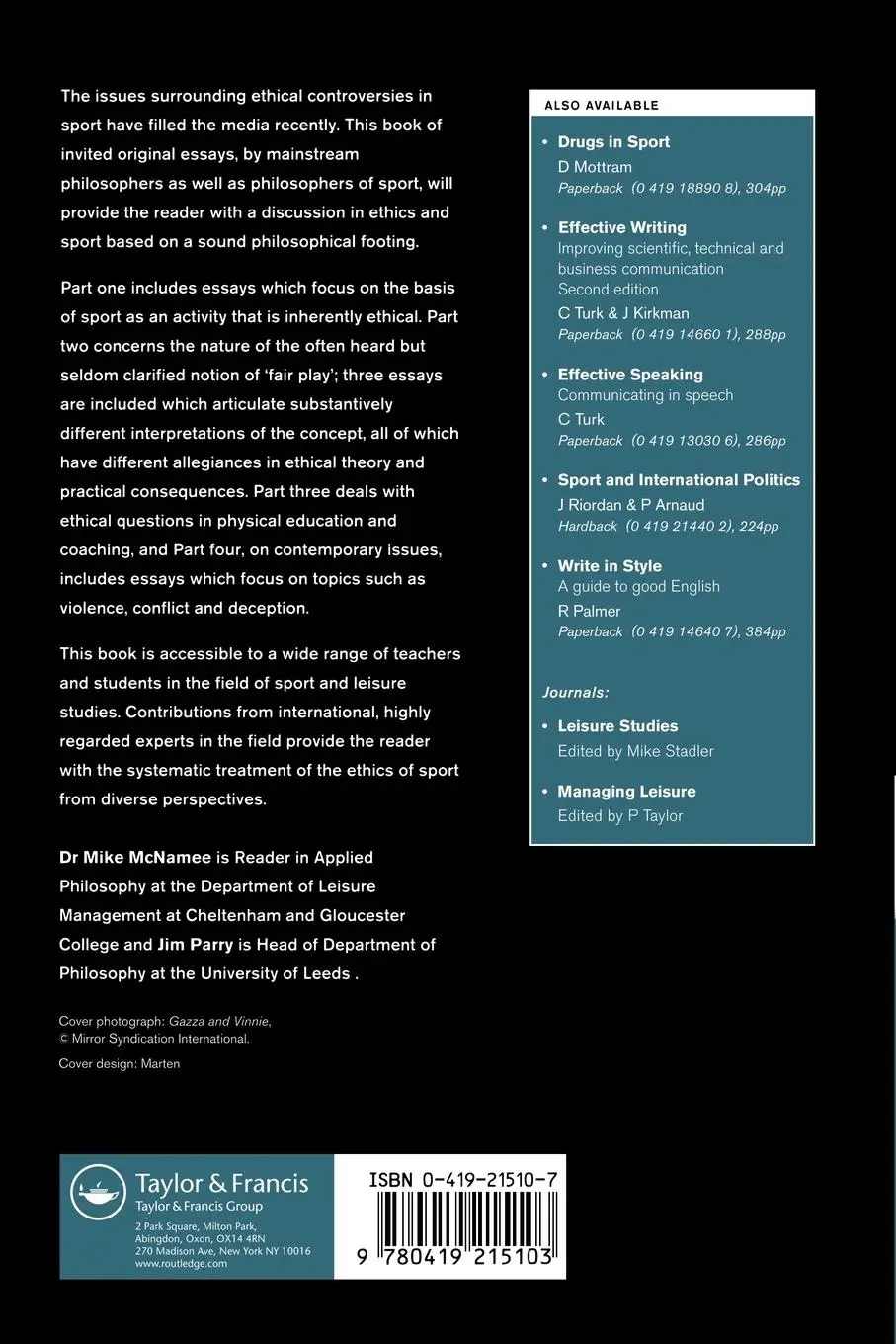 Rückseite: 9780419215103 | Ethics and Sport | M. J. McNamee (u. a.) | Taschenbuch | Englisch