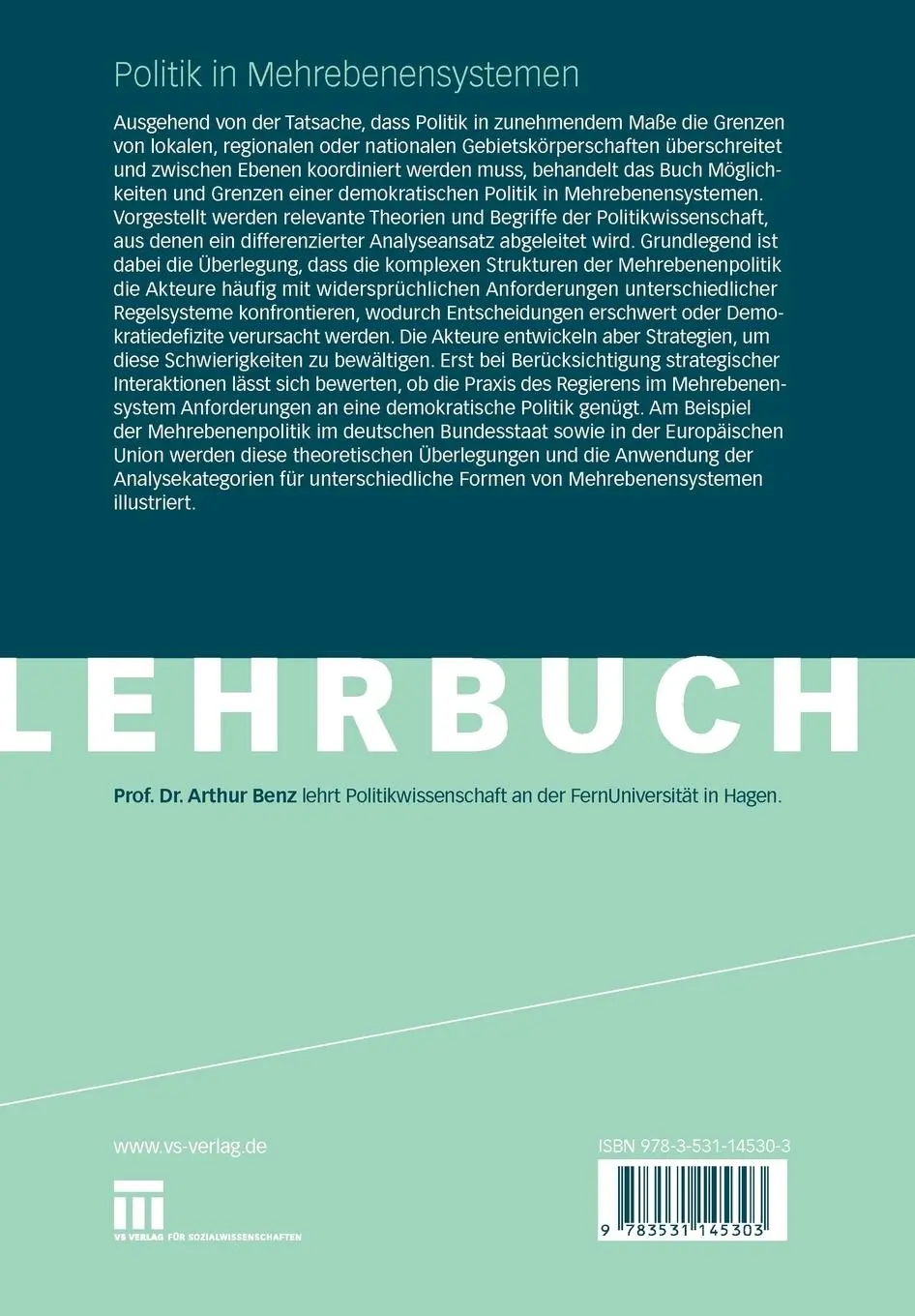 Rückseite: 9783531145303 | Politik in Mehrebenensystemen | Arthur Benz | Taschenbuch | 257 S.