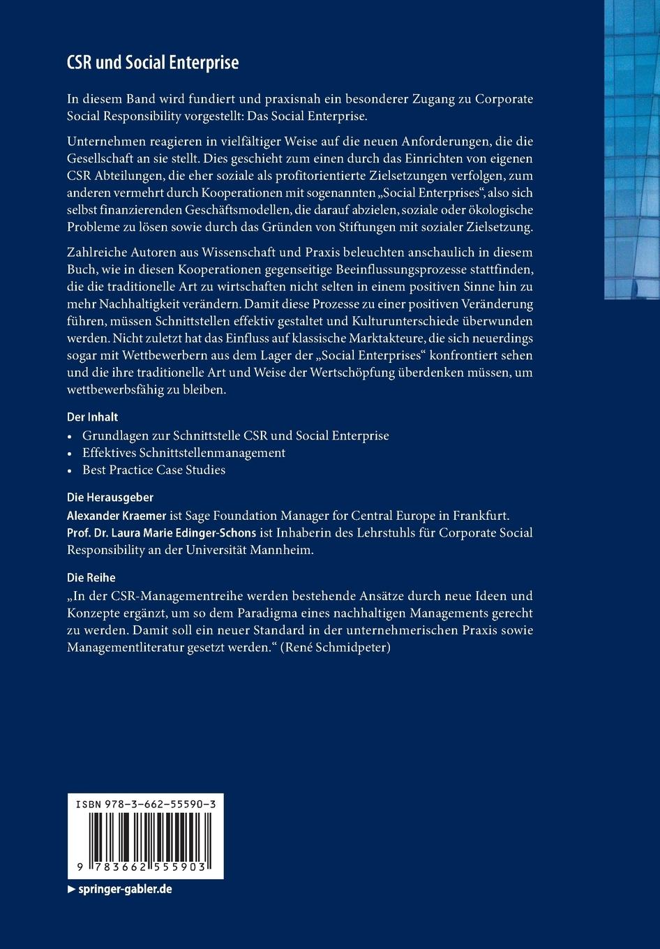 Rückseite: 9783662555903 | CSR und Social Enterprise | Laura Marie Edinger-Schons (u. a.) | Buch