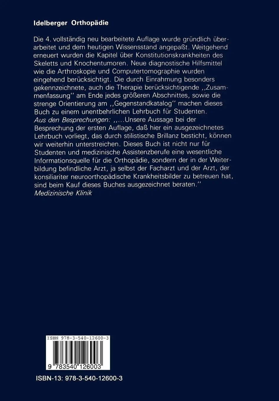 Rückseite: 9783540126003 | Lehrbuch der Orthopädie | K. Idelberger | Taschenbuch | xvi | Deutsch