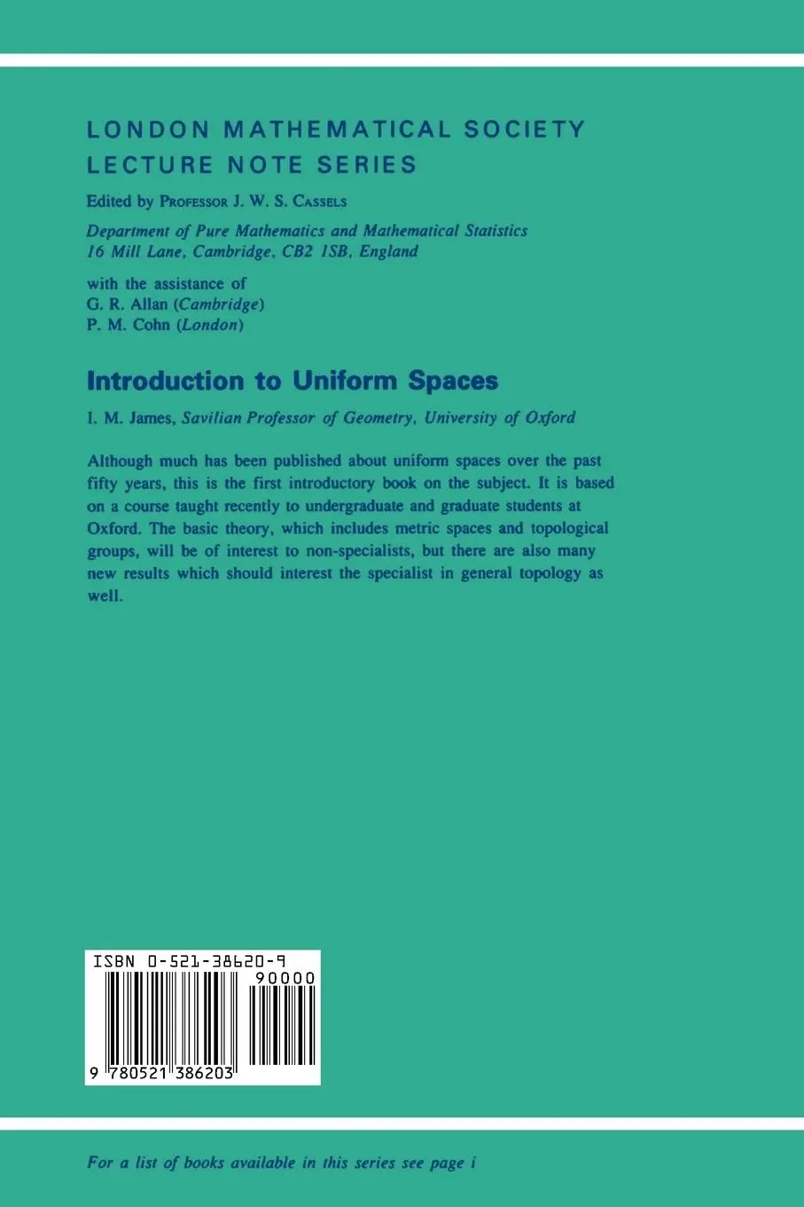 Rückseite: 9780521386203 | Introduction to Uniform Spaces | I. M. James | Taschenbuch | Englisch