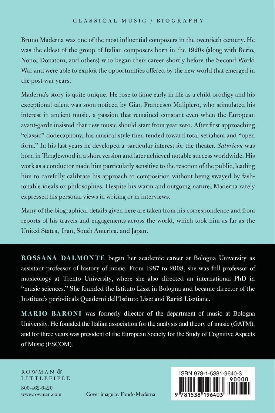 Rückseite: 9781538196403 | Bruno Maderna | His Life and Music | Rossana Dalmonte (u. a.) | Buch
