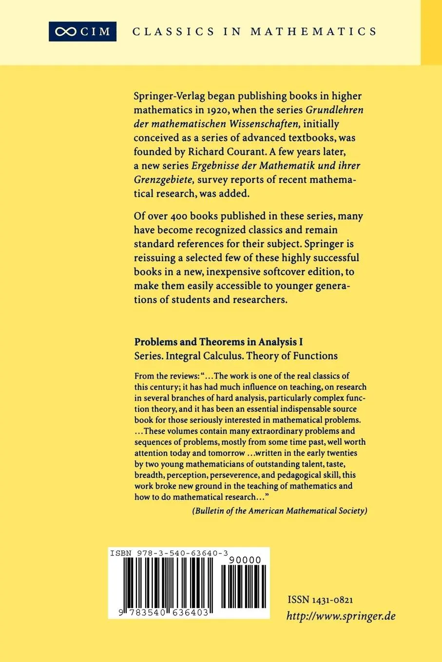 Rückseite: 9783540636403 | Problems and Theorems in Analysis I | Gabor Szegö (u. a.) | Buch | xix