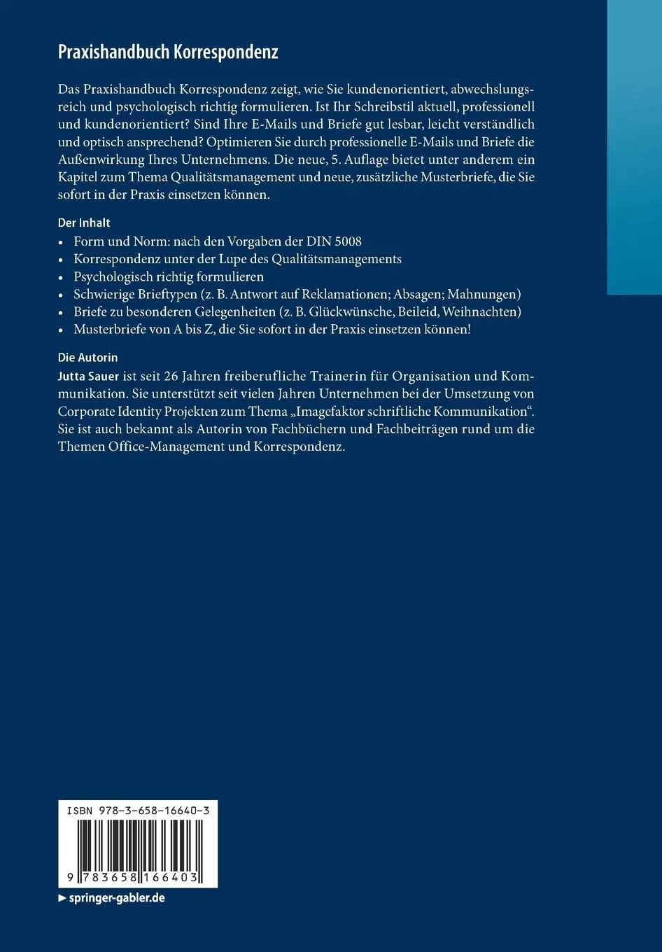 Rückseite: 9783658166403 | Praxishandbuch Korrespondenz | Jutta Sauer | Taschenbuch | X | Deutsch