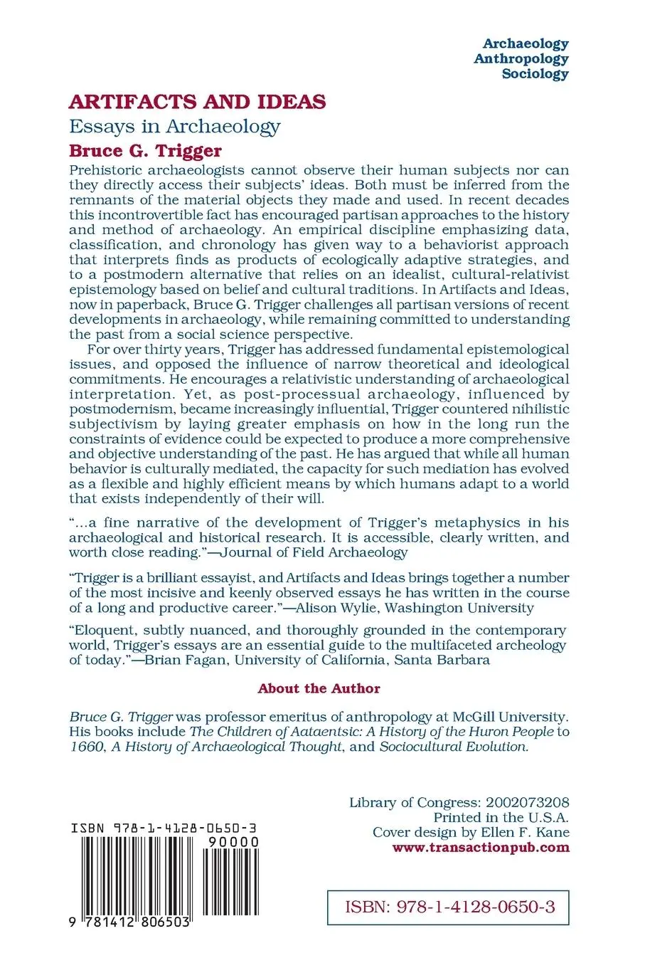 Rückseite: 9781412806503 | Artifacts and Ideas | Essays in Archaeology | Bruce Trigger | Buch