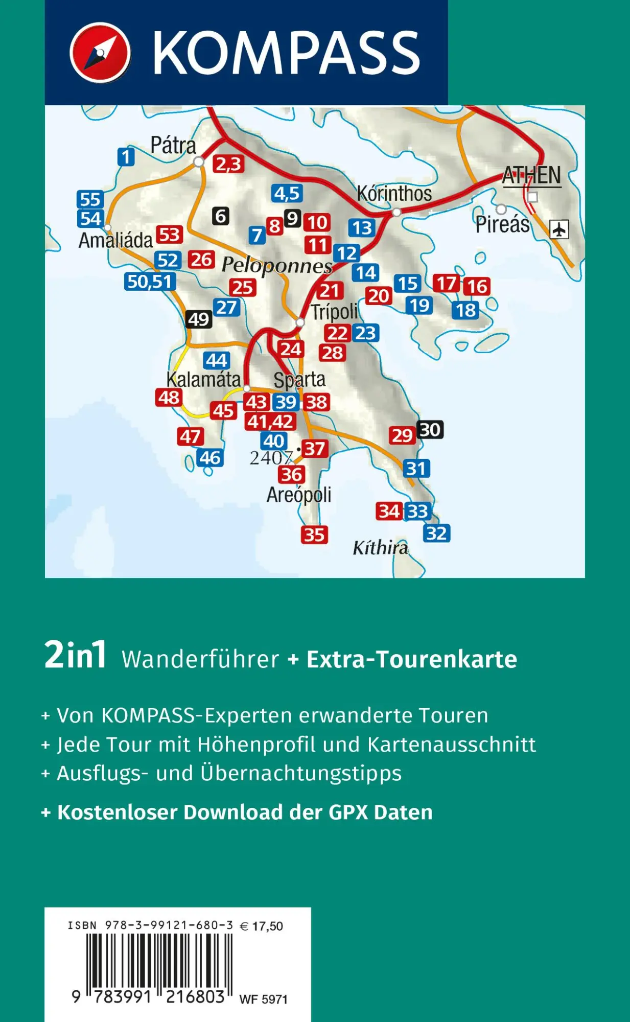 Rückseite: 9783991216803 | KOMPASS Wanderführer Peloponnes, 55 Touren mit Extra-Tourenkarte