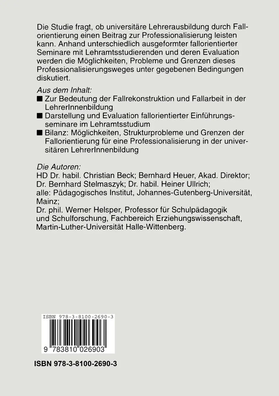 Rückseite: 9783810026903 | Fallarbeit in der universitären LehrerInnenbildung | Beck (u. a.)