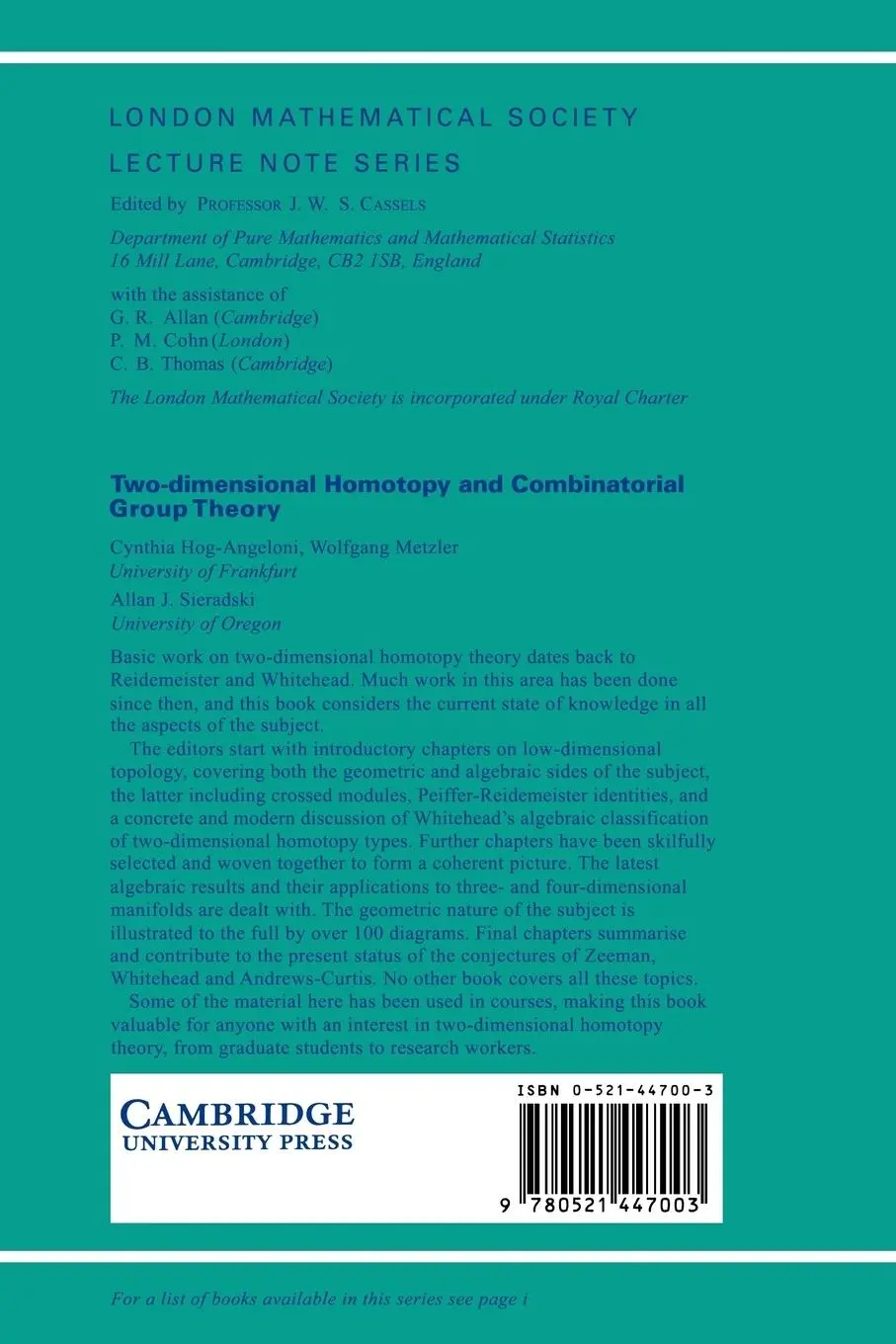 Rückseite: 9780521447003 | Two-Dimensional Homotopy and Combinatorial Group Theory | Taschenbuch