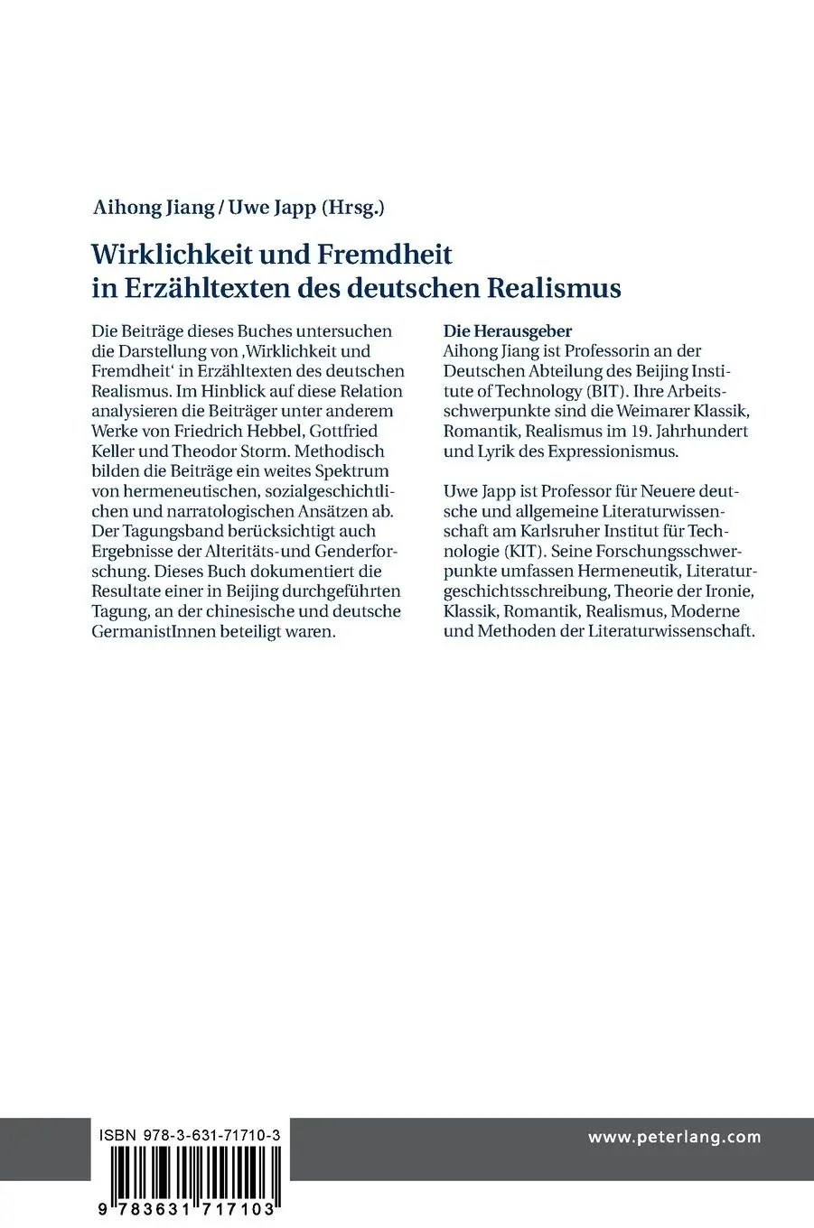 Rückseite: 9783631717103 | Wirklichkeit und Fremdheit in Erzähltexten des deutschen Realismus