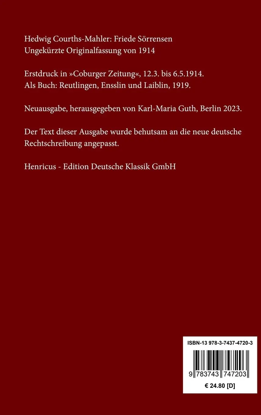 Rückseite: 9783743747203 | Friede Sörrensen | Ungekürzte Originalfassung von 1914 | Buch | 128 S.
