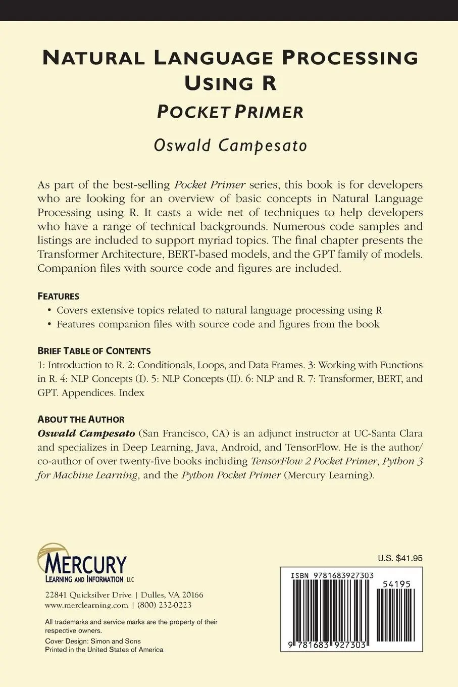 Rückseite: 9781683927303 | Natural Language Processing using R Pocket Primer | Oswald Campesato