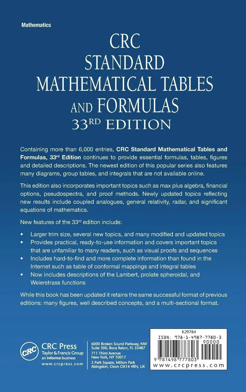 Rückseite: 9781498777803 | CRC Standard Mathematical Tables and Formulas | Daniel Zwillinger