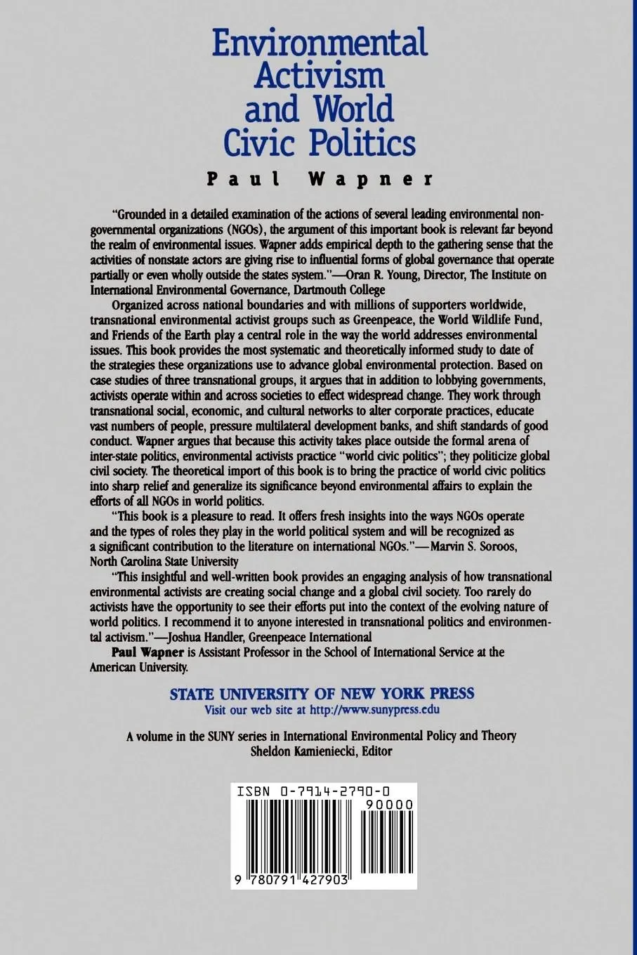 Rückseite: 9780791427903 | Environmental Activism and World Civic Politics | Paul Wapner | Buch