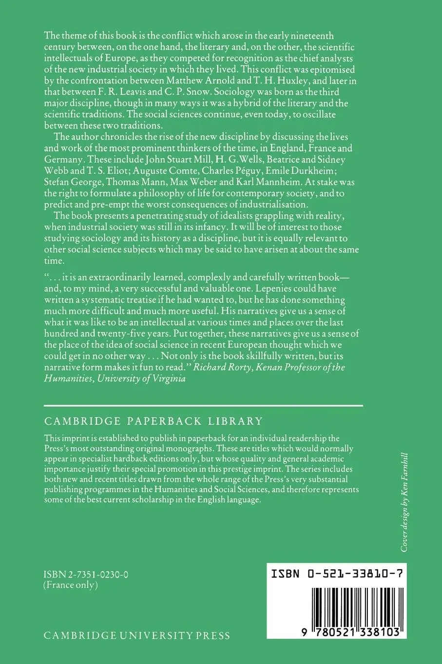 Rückseite: 9780521338103 | Between Literature and Science | The Rise of Sociology | Wolf Lepenies