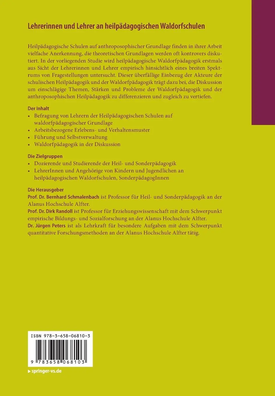 Rückseite: 9783658068103 | Lehrerinnen und Lehrer an heilpädagogischen Waldorfschulen | Buch | x
