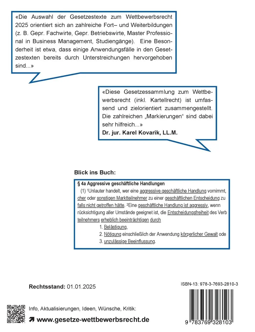 Rückseite: 9783769328103 | Wettbewerbsrecht 2025 | Gesetzestexte für die Weiterbildung | Pulic