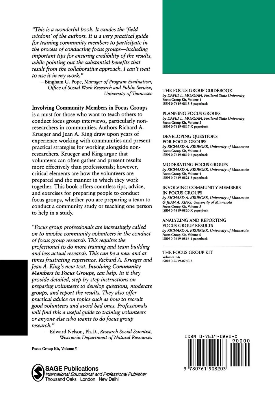 Rückseite: 9780761908203 | Involving Community Members in Focus Groups | Krueger (u. a.) | Buch