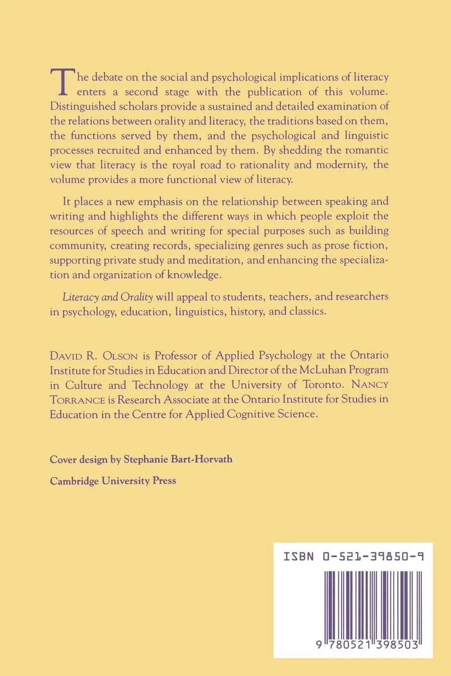 Rückseite: 9780521398503 | Literacy and Orality | David R. Olson (u. a.) | Taschenbuch | Englisch