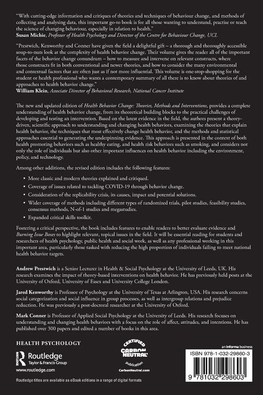 Rückseite: 9781032298603 | Health Behavior Change | Theories, Methods and Interventions | Buch